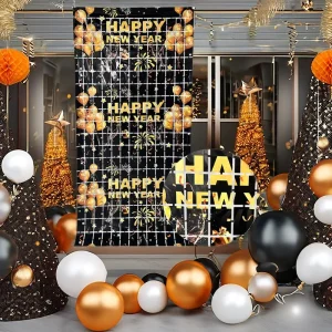 Waterproof Colorfast Square Curtain Happy New Year Rain Balloon Party Wall Decorations