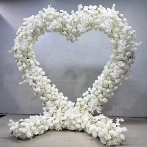 Wedding Backdrop Stage Valentine’s Day Decorations Proposal Red Roses Artificial White Flowers Heart shaped Floral Arch