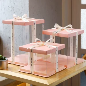 Wedding Birthday Square Transparent Pink Tall Gift Box Large Round Cup Cake Gift Boxes