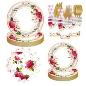 Wedding Disposable Tableware Set Flower Paper Banner Tablecloth Garden Style Plates Cups Cutlery for Reception