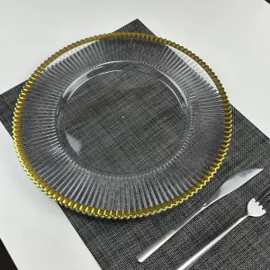 Wedding Party Hotel Round Gold Stripe PS Tray Tableware Set Gold Rim Clear Plastic Charger Plates