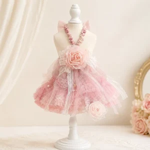 Wedding Pet Dress Birthday Party Dog Clothes Custom Small Lace Tulle Floral Pearl Bead Puppy Princess Gown Costume