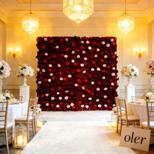 Wedding ROMANTIC Square Floral Wall Backdrop Panel 3D 5D Roll Eco Friendly Pink Artificial Silk Rose Lighting Effects Decor