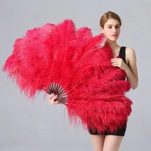 Weddings Decoration with to Large Feathers Fan Handmade Carnival Crafts Red Ostrich Burlesque Dancing Hand Fans for Party Supply