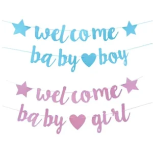 Welcome Baby Gender Reveal Party Star & Heart Glitter Paper Banner Letter Garland Decoration