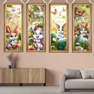 Welcome Easter Egg Porch Sign Banner 4pcs Happy Bunny Easter Door Hanging Banner Decoration for Spring Easter Party
