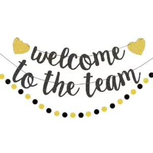 Welcome to the Team Welcome Home Banner with Glitter Streamers Paper Party Decorations Heart & Round Shapes Black Gold Colors