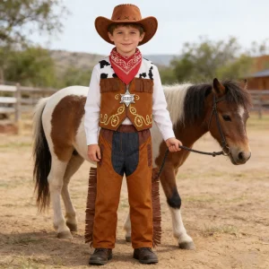 Western Cowboy Costume Set 5PCS Deluxe Outfit with Vest Pants Hat Bandana Badge for Kids Halloween Birthday Party