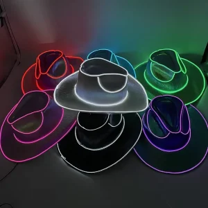 Western Pink Men Costume Sequin Jazz LED Light Up Shiny Party Festival Christmas Cowgirl Cowboy Hat Cap
