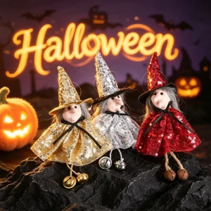 Whimsical Halloween Hanging Decor of Cartoon Tulle Ghosts Bells and Pumpkin Witch Pendant for Spooky Party