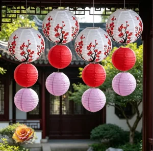 White Base Plum Blossom Paper Lantern Set Chinese Style Hanging Ornaments for Holiday Scene Layout Decor