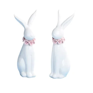 White Ceramic Rabbit Figurines Porcelain Rabbits Easter Rabbit With Flower