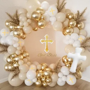 White Cross Foil Balloons Arch Garland Kit Champagne Gold Easter Christian Party Decoration