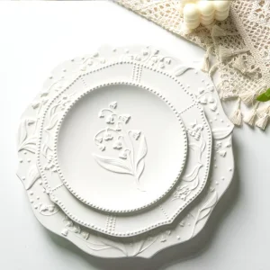 White Embossed Flower Design Ceramic Plate Set Handmade Full Art Design Wedding Dinner Plates
