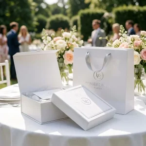 White Embossed Gift Box with Satin Ribbon Tote Bag for Wedding Favors Bridal Showers Event Gifting Bulk