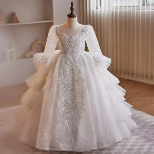 White Full Sleeve Appliqued Beach Children’s Wedding Dress Puffy Flower Girl Little Girl Host Piano Performance Costume