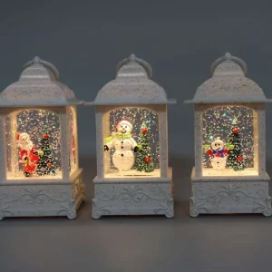 White Glitter Ornate Lantern Christmas LED Snow Globe Santa Snowman Swirling Glitter Light