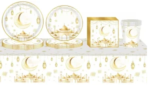White Gold Eid Mubarak Tablecloth Set Crescent Lantern Pattern Plates Cups Napkins Utensils for Islamic Festival Party