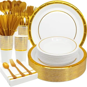 White Gold Paper Plates Disposable Party Plates Party Supplies Dinnerware Sets for Guests Dessert Plates Cups Napkins