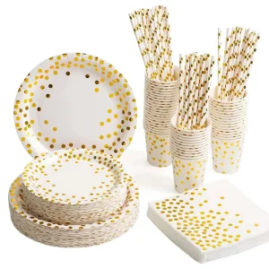 White Gold Party Supplies Disposable Gold Birthday Party Plates Tableware Napkins Cups Straws