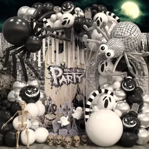 White Halloween Balloon Arch Kit DIY Spider Black Chrome Silver Disco 4D Ball Foil Spider Web Horror Eye Ghost Latex Party Decor