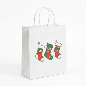 White Kraft Christmas Bags Minimal Winter Scene Print Carry Tote Bags for Upscale Retail Holiday Packaging