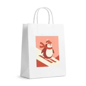 White Kraft Christmas Paper Bags Classic Full Xmas Print Recyclable Tote Bags for Group Holiday Packaging