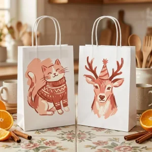White Kraft Christmas Paper Bags Classic Holiday Print Recyclable Tote Bags for Holiday Bulk Purchases