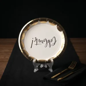 White Metallic Gold Border Celebrate Script Disposable Paper Plates Modern Geometric Starburst Rim Wedding Tableware