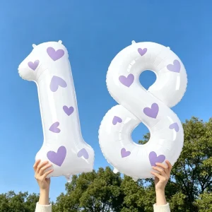 White Number 18 Foil Balloon with Purple Heart Print Sweet 18th Birthday Party Decor Globos