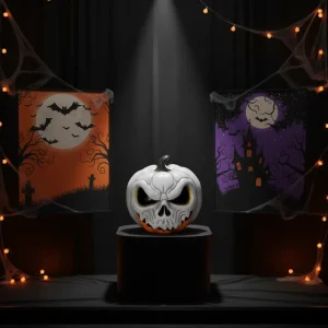 White Pumpkin Head Resin Light-Up Jack-o’-Lantern Statue for Outdoor Halloween