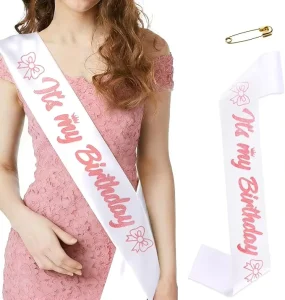 White Satin Gold Glitter Lettering Birthday Girl Shoulder Sash Strap Biodegradable for Party Favors and Decorations