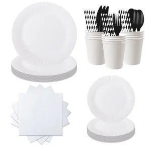 White Solid Color Disposable Tableware Set Multicolored Pure Paper Plate Cups Cutlery for Barbecue Birthday Wedding Party Decor