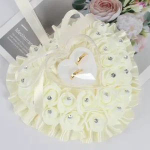 White Wedding Ring Holder Pillow Heart Shape Lace Rose Flower Rhinestone Crystal Box for Ceremony Wedding Decorations