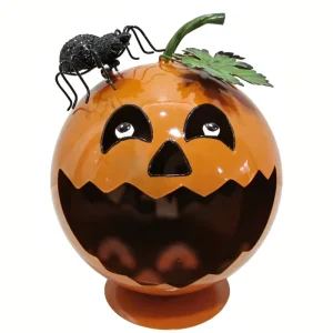 White and Orange Pumpkin Jack O Lantern Halloween Light Up Candle Metal Decoration Garden