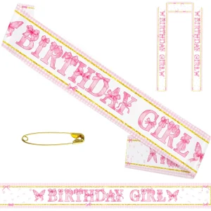 White and Pink Bow Coquette Birthday Sash for Women Girls Bow Theme Birthday Party Decorations Cute Birthday Sash