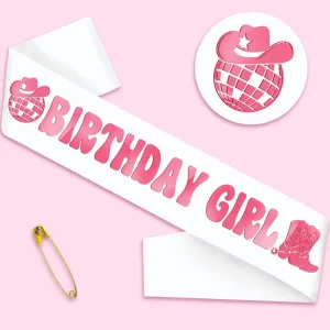 White and Pink Foil Disco Cowgirl Satin Birthday Sash Western Cowboy Cowgirl Party Decoration for Birthday Girl