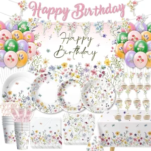 Wildflower Party Supplies Floral Party Decorations Tableware Set Tablecloth Backdrop Banner for Birthday Baby Shower Party