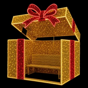 Windproof Fireproof Waterproof IP65 CE UL ETL SAA Certified Giant Outdoor LED Christmas Gift Box Motif Light with Bench Seating