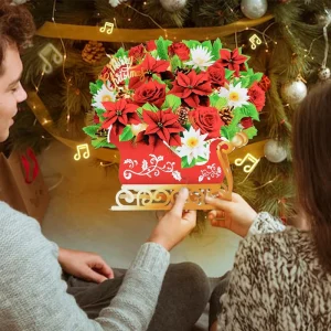 Winpsheng 3D Pop Up Flower Bouquet Card Christmas Rose Sleigh Greeting Card Forever Paper Flowers For Valentine’s Day