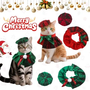 Winter Cat Pet Costume Solid Pattern Polyester with Octagonal Hat and Scarf Set for Christmas