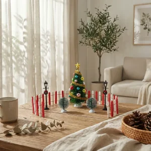 Winter Miniature Christmas Village Town Tabletop Set with Fence Lamp and Artificial Tree
