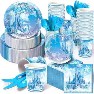 Winter Wonderland Party Supplies Snowflake Paper Plates Cups Napkins Disposable Tableware Set for Christmas Party Decor
