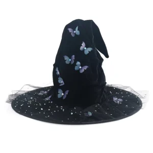 Witch Hat Pleated Party Decor European American Halloween Handmade Curved Horns Butterfly
