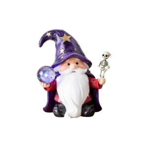 Wizard Gnome Figurine Custom Polyresin LED Crystal Ball Skeleton Staff Whimsical Halloween Decor for Home Garden