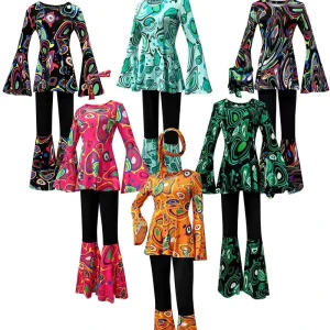 Women 70s Disco Dance Costume Retro Print Crop Top Bell Bottom Pants Set Stage Performance Wear Multi Color Options
