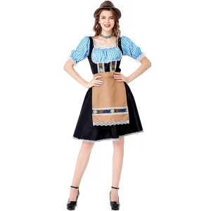 Women Bavarian Beer Fancy Dress Ladies Oktoberfest Costume Square Neck Lace Trim Apron Dirndl Cosplay Costume Party Dresses