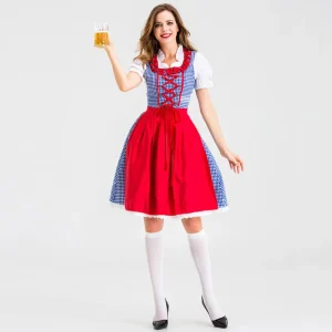 Women Bavarian Dirndl Costume Oktoberfest Apron Dress Plaid Lace up Folk Festival Stage Wear