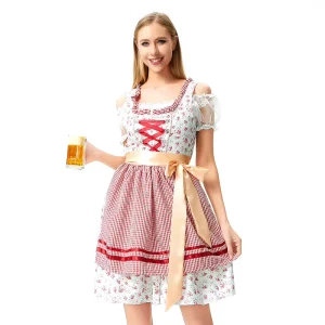 Women Bavarian Dirndl Dress German Oktoberfest Costume Floral Plaid Apron Lace up Stage Performance Wear