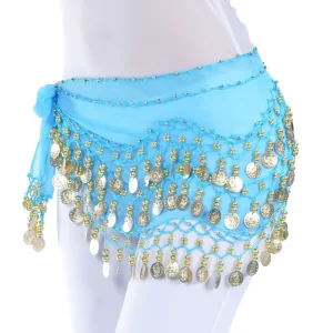 Women Belly Dance Hip Scarf 128 Gold Coins Chiffon Beaded Waist Belt Oriental Dance Carnival Performance Costume Waist Chain